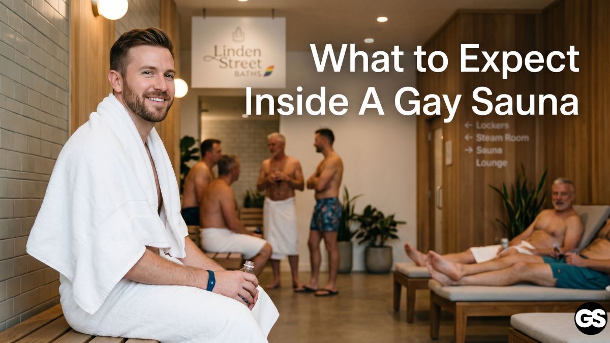 Calm illustrated interior of a gay sauna with lounge and wet-room atmosphere